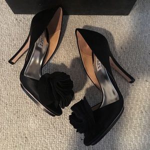Badgley Mischka satin pump with silk flower.